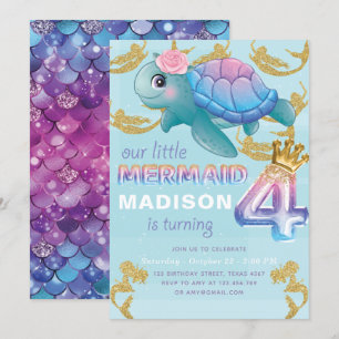 Mermaid 4. Geburtstag Pink Blue Gold Glitzer Einladung