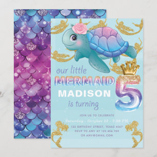 Mermaid 5. Geburtstag Pink Blue Gold Glitzer Einladung