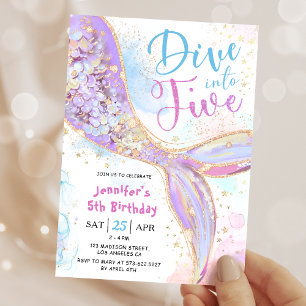 Mermaid 5. Geburtstagsparty tauchen in fünf Lila Einladung