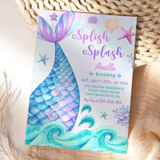 Mermaid 6. Geburtstag Girl Splish Splash Party Einladung