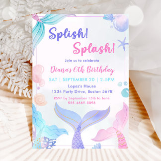 Mermaid 6. Geburtstag Girl Splish Splash Party Einladung