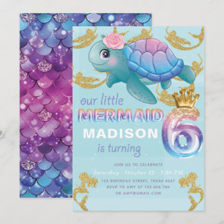 Mermaid 6. Geburtstag Pink Blue Gold Glitzer Einladung