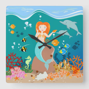 Mermaid and dolphins under the sea birthday party quadratische wanduhr