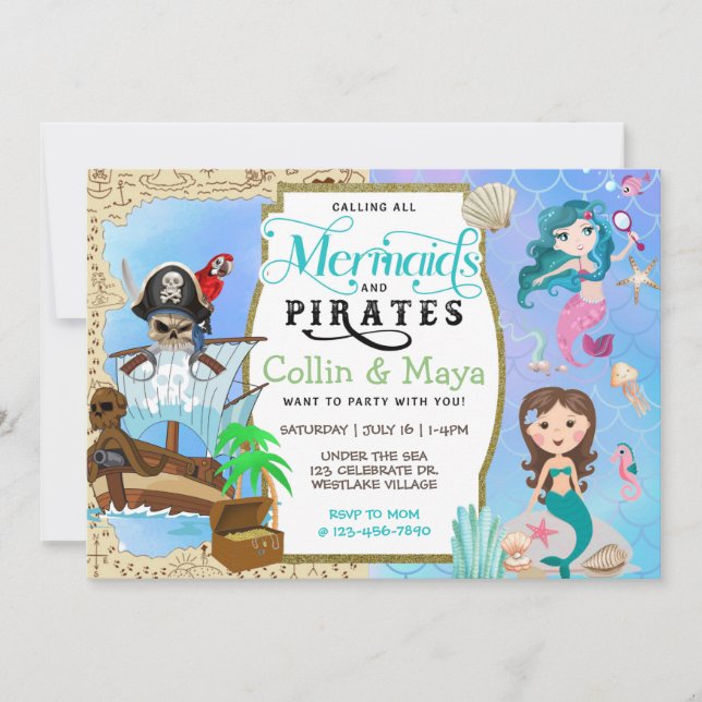 Mermaid and Pirate Birthday, Joint Birthday Einlad Einladung (Vorderseite)