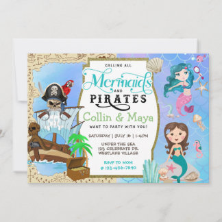 Mermaid and Pirate Birthday, Joint Birthday Einlad Einladung