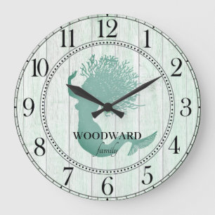 Mermaid Aqua Blue Beach Wood Lake House Große Wanduhr