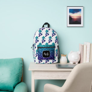 Mermaid aqua blue ombre Glitzern muster Monogram Bedruckter Rucksack