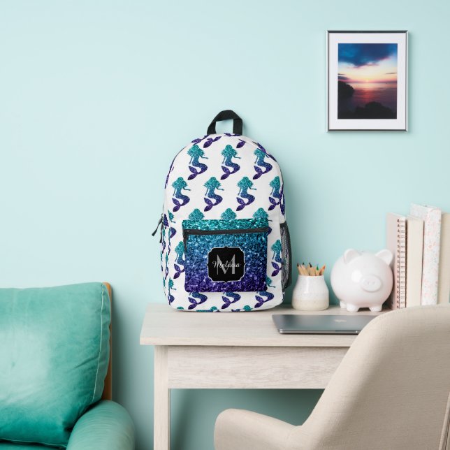 Mermaid aqua blue ombre Glitzern muster Monogram Bedruckter Rucksack (InSitu)