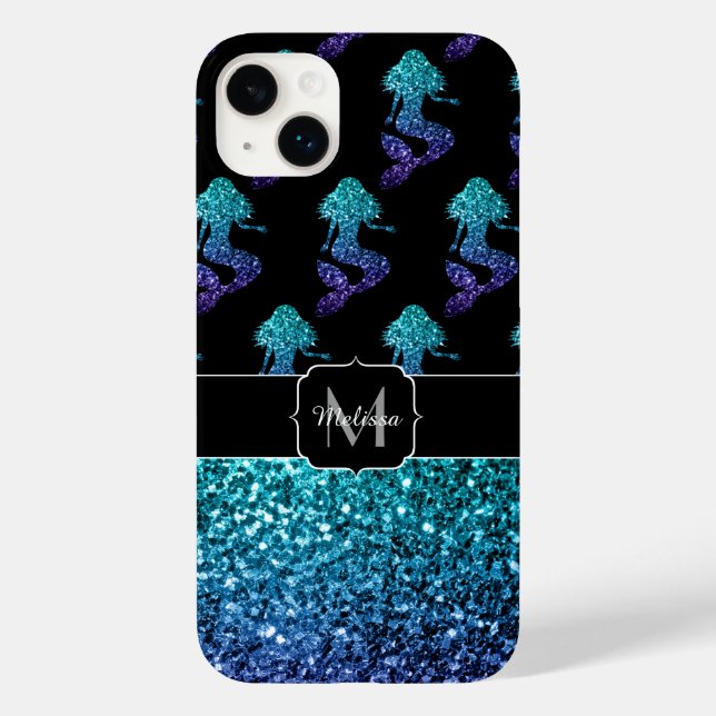 Mermaid aqua blue ombre Glitzern muster Monogram Case-Mate iPhone Hülle (Rückseite)