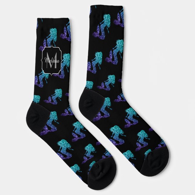 Mermaid aqua blue ombre Glitzern muster Monogram Socken (Rechts)