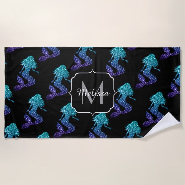 Mermaid aqua blue ombre Glitzern muster Monogram Strandtuch (Vorderseite)