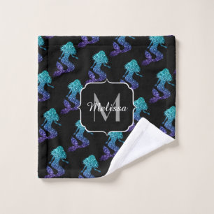 Mermaid aqua blue ombre Glitzern muster Monogram Waschlappen