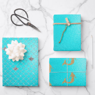 Mermaid Aqua Gold Silver Sparkle Glitzer Geschenkpapier Set