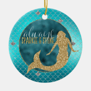 Mermaid Aqua Gold Silver Sparkle Glitzer Keramik Ornament