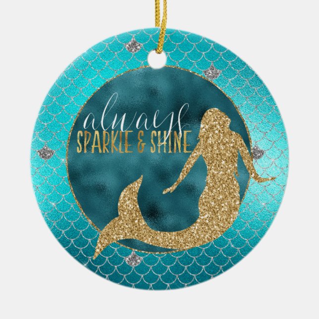 Mermaid Aqua Gold Silver Sparkle Glitzer Keramik Ornament (Vorne)
