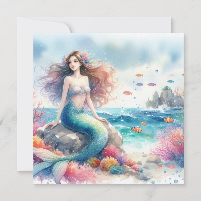 Mermaid Aquarell Einladung (Vorderseite)