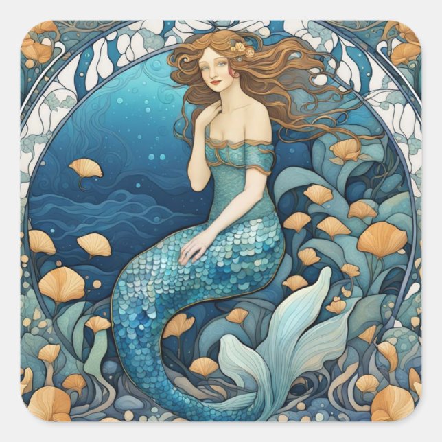 Mermaid Art Nouveau Aqua Ticino Quadratischer Aufkleber (Vorderseite)