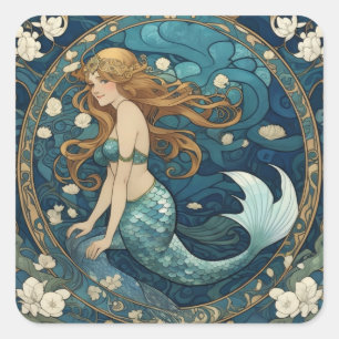 Mermaid Art Nouveau Art Deco Style Blau Quadratischer Aufkleber