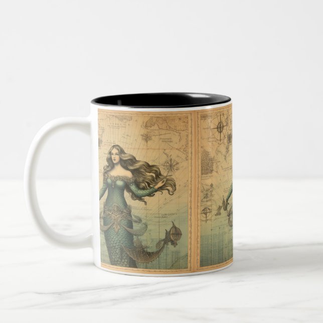 Mermaid auf Vintager Karte Zweifarbige Tasse (Links)