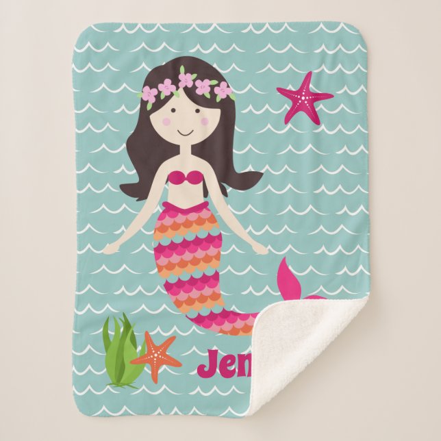 Mermaid auf Waves Pattern Sherpa Throw Sherpadecke (Vorderseite)