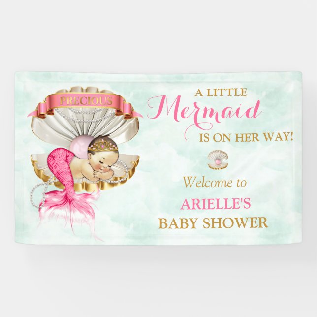 Mermaid Baby Clam Muschel Tiara Pearls Gold Pink Banner (Horizontal)