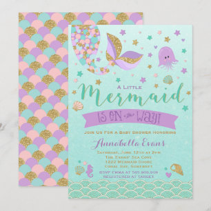 Mermaid Baby Dusche Einladung Aquamarin Lila Gold
