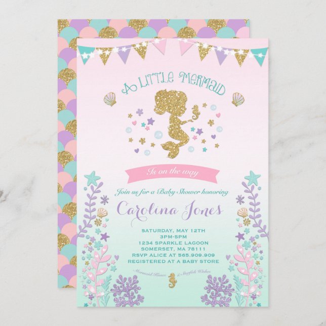 Mermaid Baby Dusche Einladung Pink Aquamarin Lila (Vorne/Hinten)