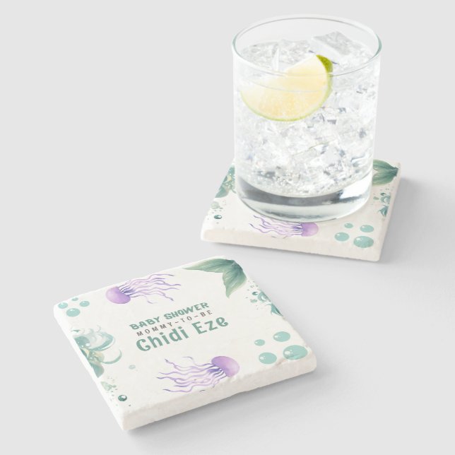 Mermaid Baby Dusche farbenfrohe Qualle Wasserfarbe Steinuntersetzer (Seitenansicht)