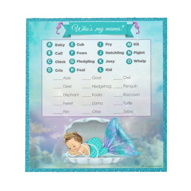 Mermaid Baby Shower Animal Match Game#130 40Sheets Notizblock (Vorderseite)