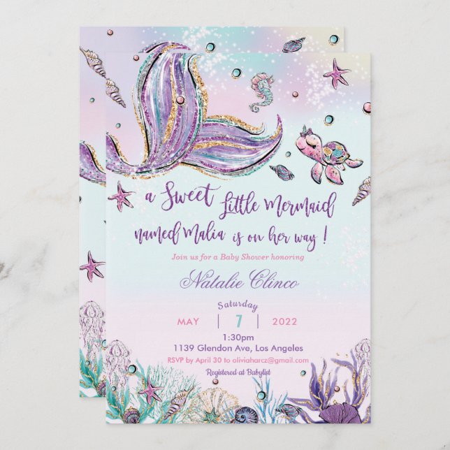 Mermaid Baby Shower Baby Girl Einladung (Vorne/Hinten)