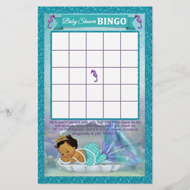 Mermaid Baby Shower Bingo Game Card #136 (Vorderseite)