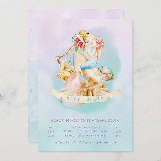 Mermaid Baby Shower Girl Under Sea Lavender Aquama Einladung (Vorne/Hinten)