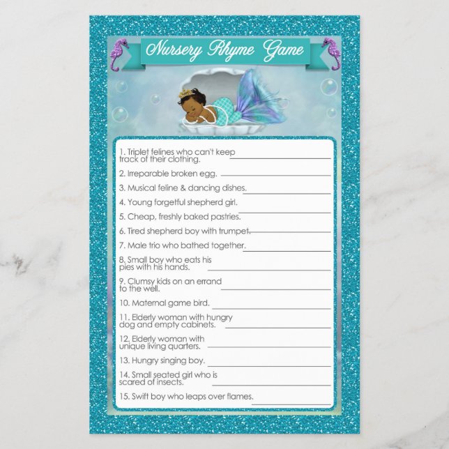 Mermaid Baby Shower Kinderzimmer Rhyme Game #135 Flyer (Vorne)