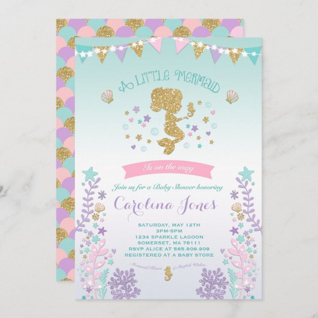 Mermaid Babydusche Einladung Pink Aquamarin Lila (Vorne/Hinten)