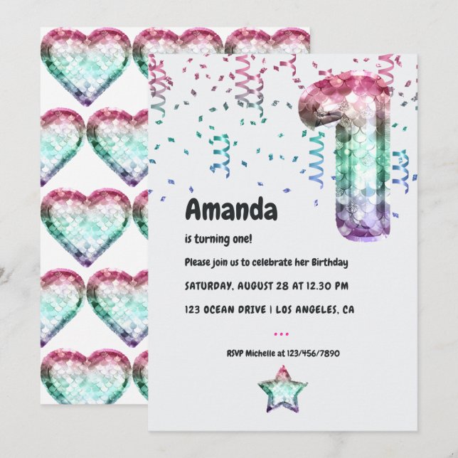 Mermaid Balloon 1. Geburtstag Einladung (Vorne/Hinten)