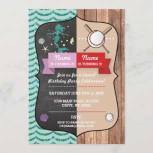Mermaid & Baseball Joint Boy Girl Birthday Invites Einladung