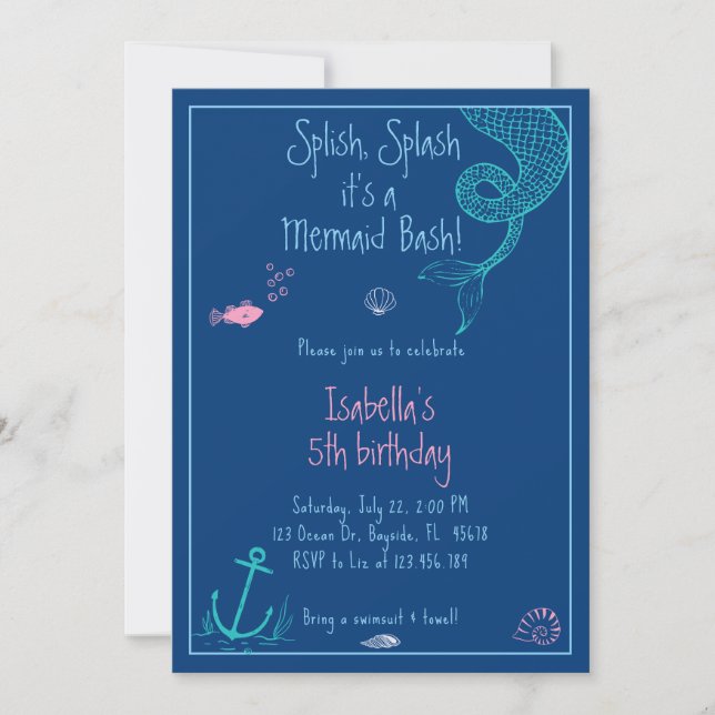 Mermaid Bash Splish Splash Pool Party Geburtstag Einladung (Vorderseite)