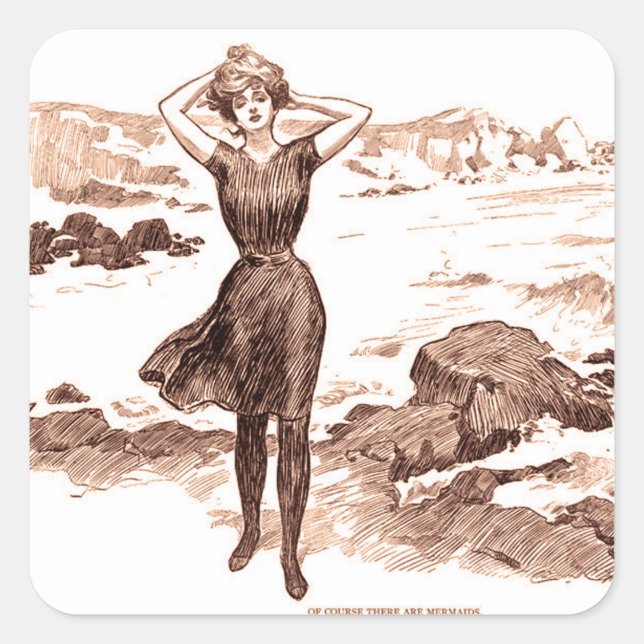 Mermaid Beach Gibson Girl Viktorianisch Antique Quadratischer Aufkleber (Vorderseite)