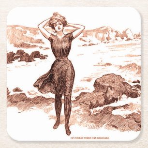 Mermaid Beach Gibson Girl Viktorianisch Antique Rechteckiger Pappuntersetzer