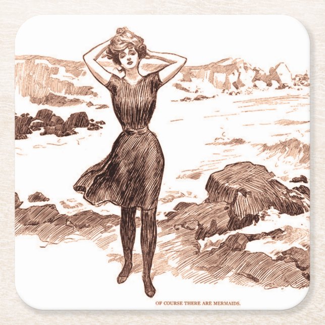 Mermaid Beach Gibson Girl Viktorianisch Antique Rechteckiger Pappuntersetzer (Vorderseite)