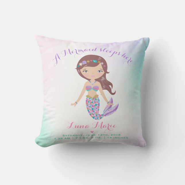 Mermaid Birth Stats Throw Pillow Mermaid Nursery Kissen (Vorderseite)