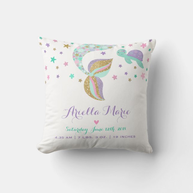 Mermaid Birth Stats Throw Pillow Mermaid Nursery Kissen (Vorderseite)