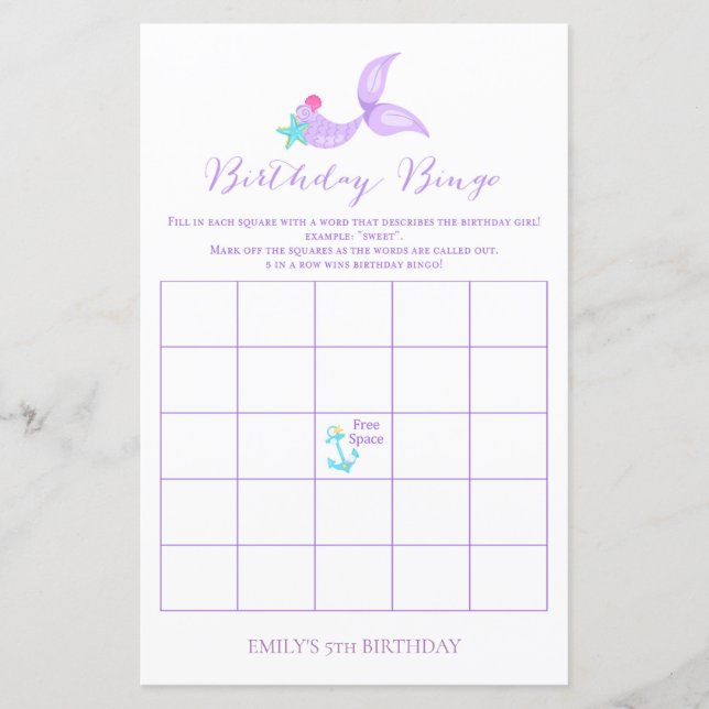 Mermaid Birthday Bingo (Vorderseite)
