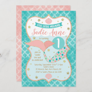 Mermaid Birthday Coral und Aquamarin Einladung