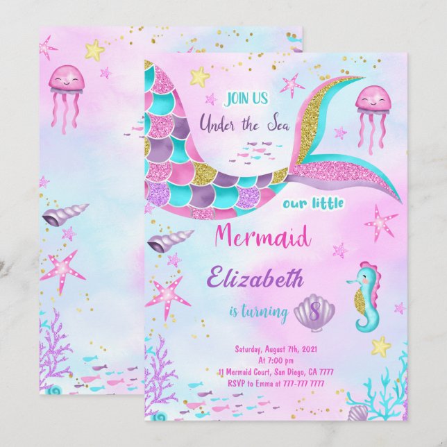 Mermaid Birthday Einladung (Vorne/Hinten)
