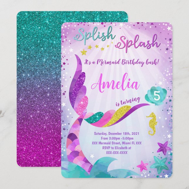 Mermaid Birthday Einladung (Vorne/Hinten)