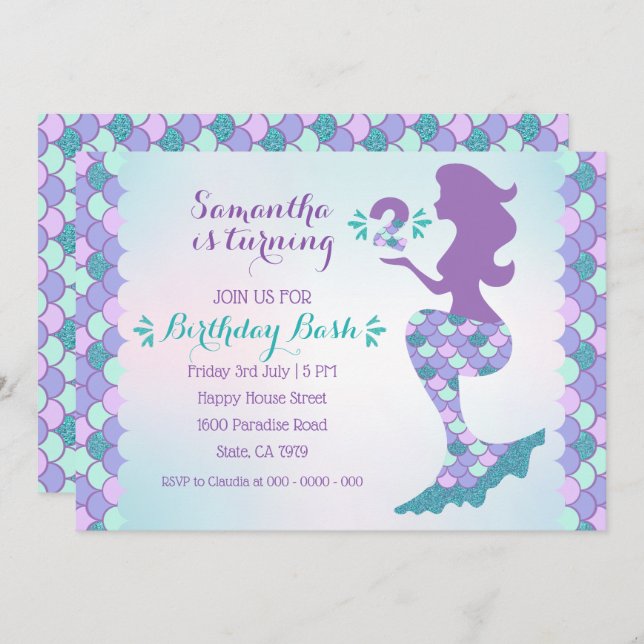 Mermaid Birthday Einladung Mermaid Nummer 2 (Vorne/Hinten)