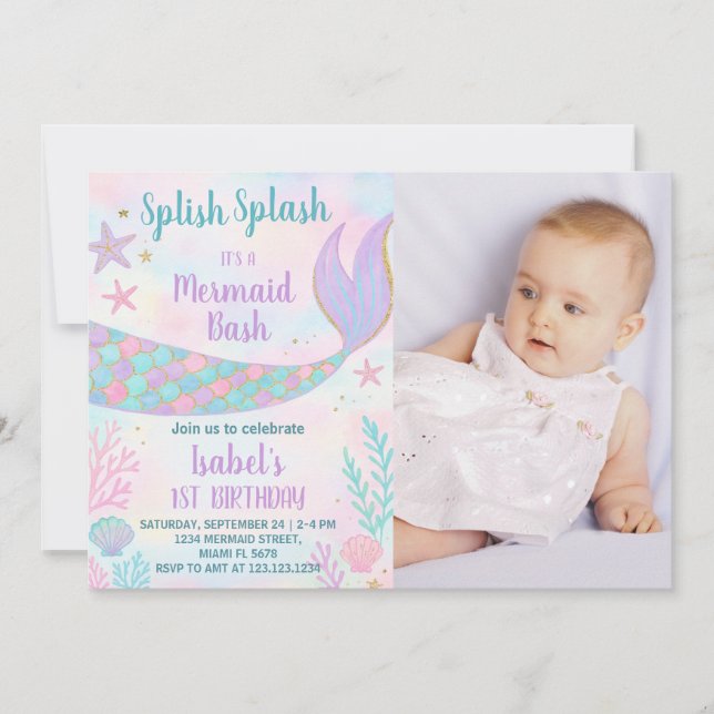 Mermaid Birthday Einladung mit Foto (Vorderseite)