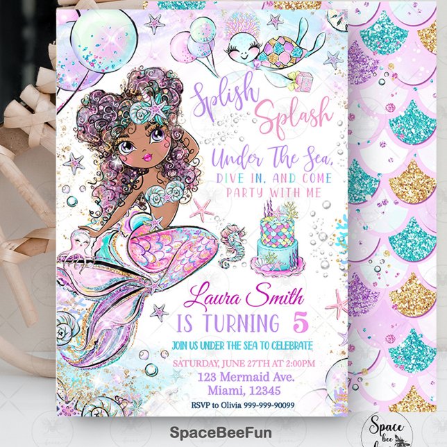 Mermaid Birthday Einladung Unicorn Black Mermaid (mermaid invitation birthday,Splish Splash Under The Sea, mermaid and unicorn,birthday invitation,mer)