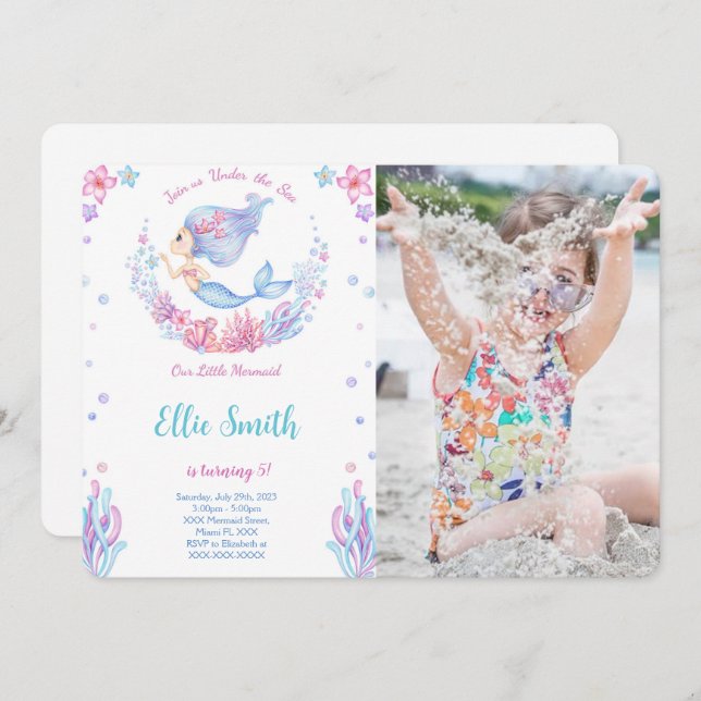 Mermaid Birthday Foto Einladung (Vorne/Hinten)